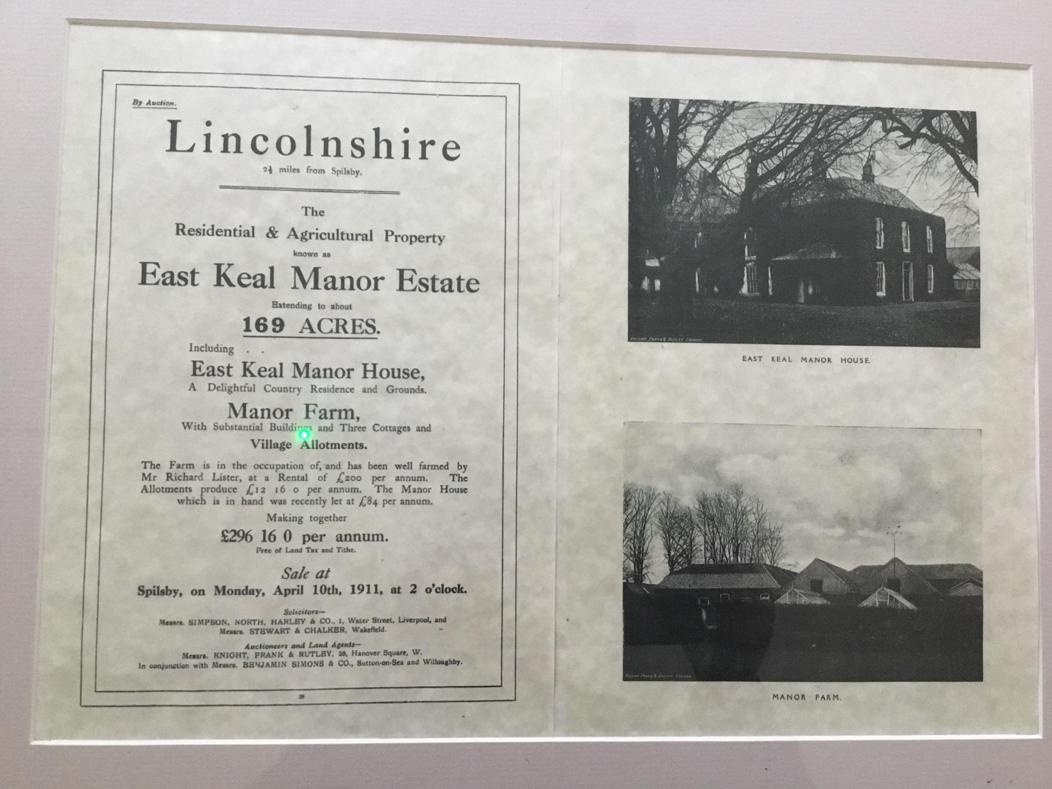 Copy of poster for sale of East Keal Manor 1911 by action, house pictures
